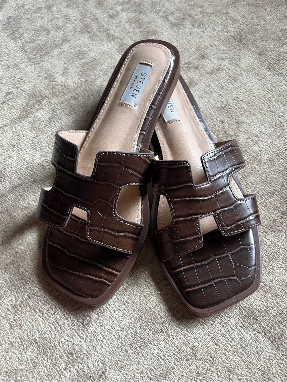 Steve Madden Brown Croc-Embossed Slip-On Sandals